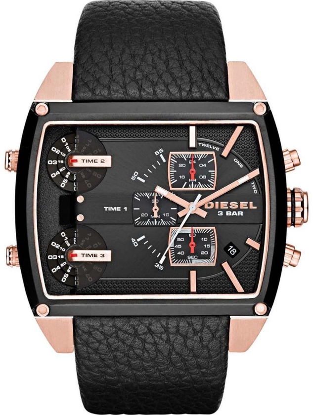 Diesel Square Daddy Men's Black Dial Leather Band Chronograph Watch - DZ7351