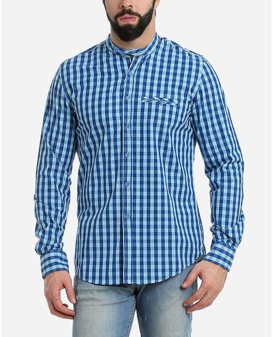 Ravin Plaids Banded Long Sleeves Shirt - Royal Blue