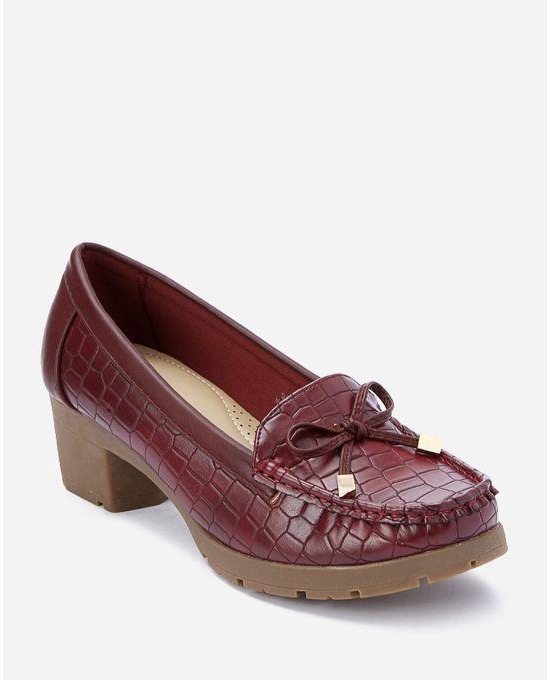 Shoe Room Heeled Textured Leather Shoes - Burgundy