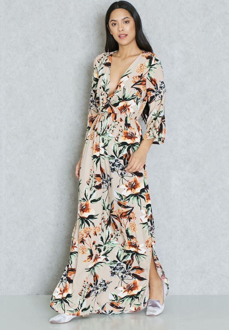 Floral Print Shirt Slit Maxi Dress