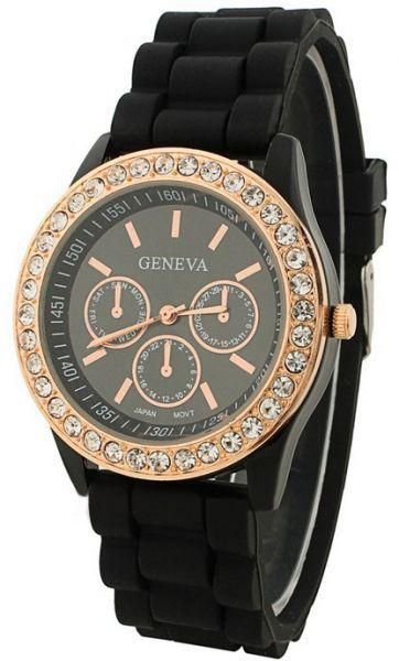 Geneva silicone watch Diamond quartz / Black