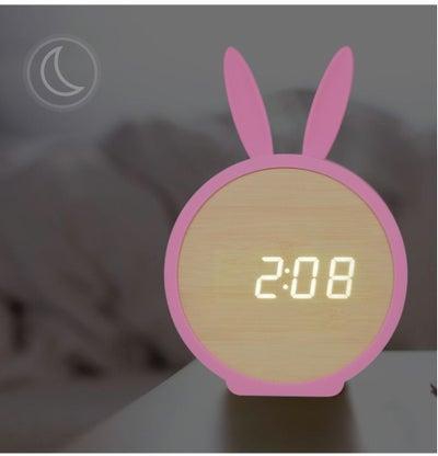 Kids Wooden LED Digital Alarm Clock USB & Battery Operated Sound Control Clock with Year / Month / Date / Time / Temperature Display 3 Alarms Settings--Pink + Wood