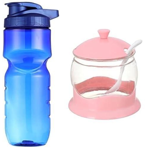 Max plast sport water bottle 700ml - multi color + Max Plast sugar Bowl with Spoon, Assorted Colors