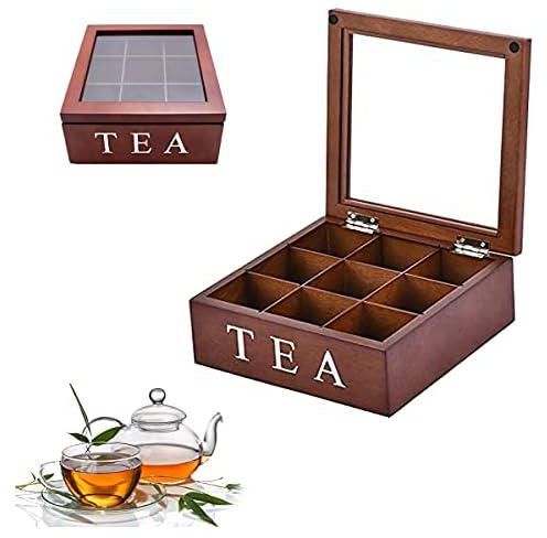 RO Wood Tea Storage Box, Retro 9 Grid Bamboo Wood Tea Storage Box, Tea Organizer Box with Visible Glass Lid, Bamboo Tea Bag Chests for Tea Collections, Multifunctional Tea Bag Container (Brown)
