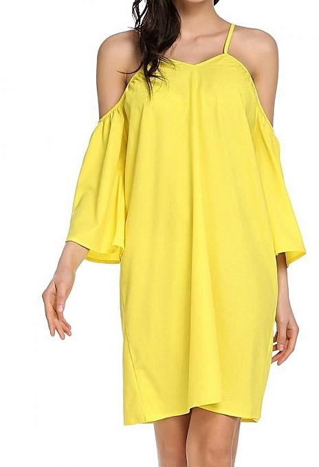 ANGVNS Elegant Cold Shoulder Flare Sleeve Loose Mini Dress-Yellow