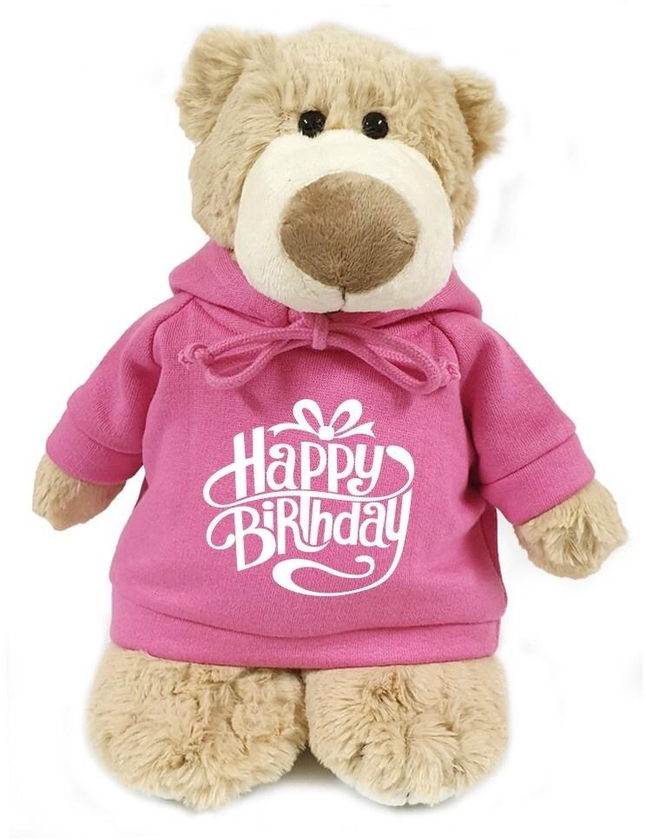 Caravaan - Soft Toy Mascot Bear with Happy Birthday on Pink Hoodie Size 28cm