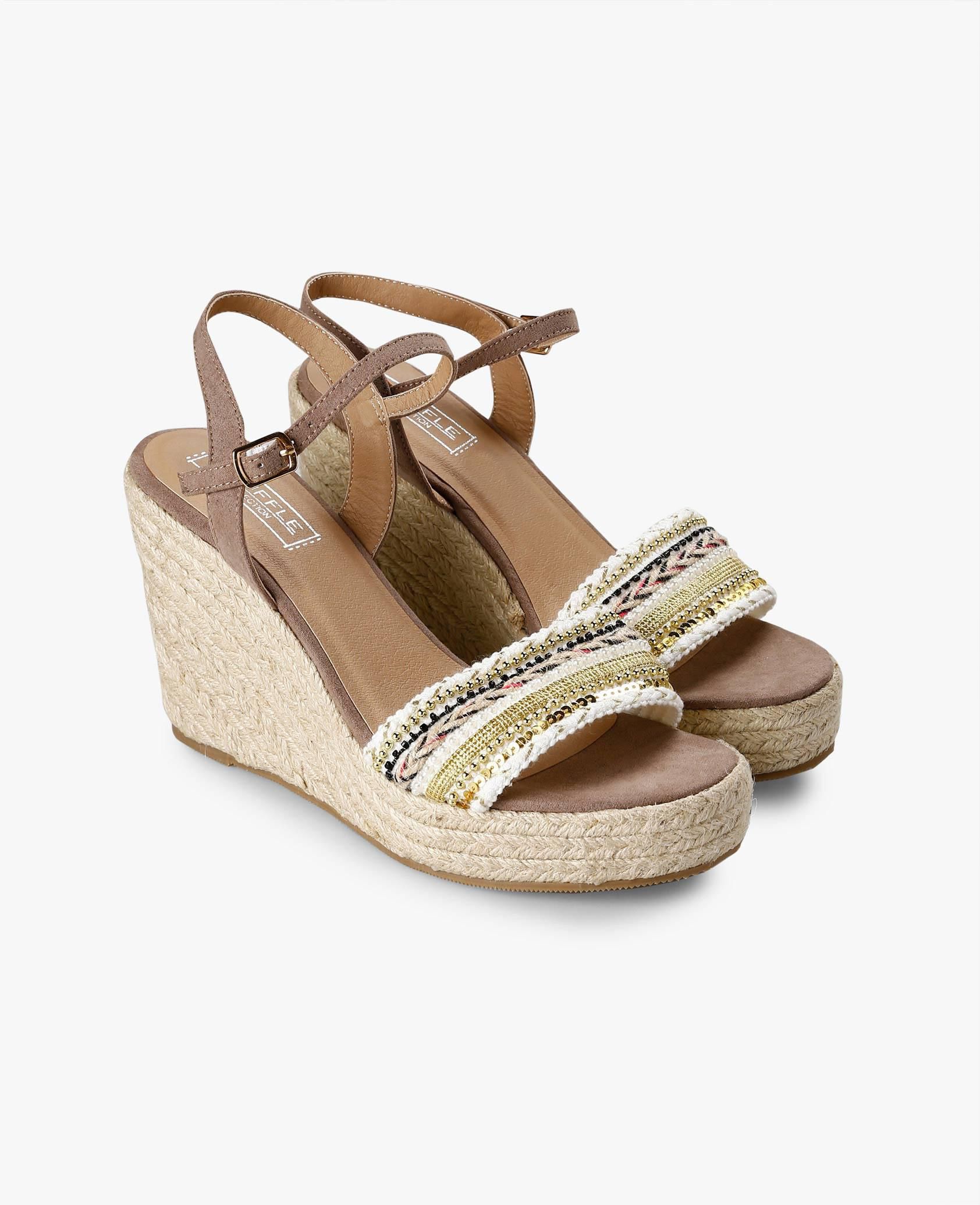 Off White Embroidered Wedge Sandals