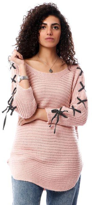 Zodiac Chunky Knit With Lace Up Sleeves Pullover - Light Pink