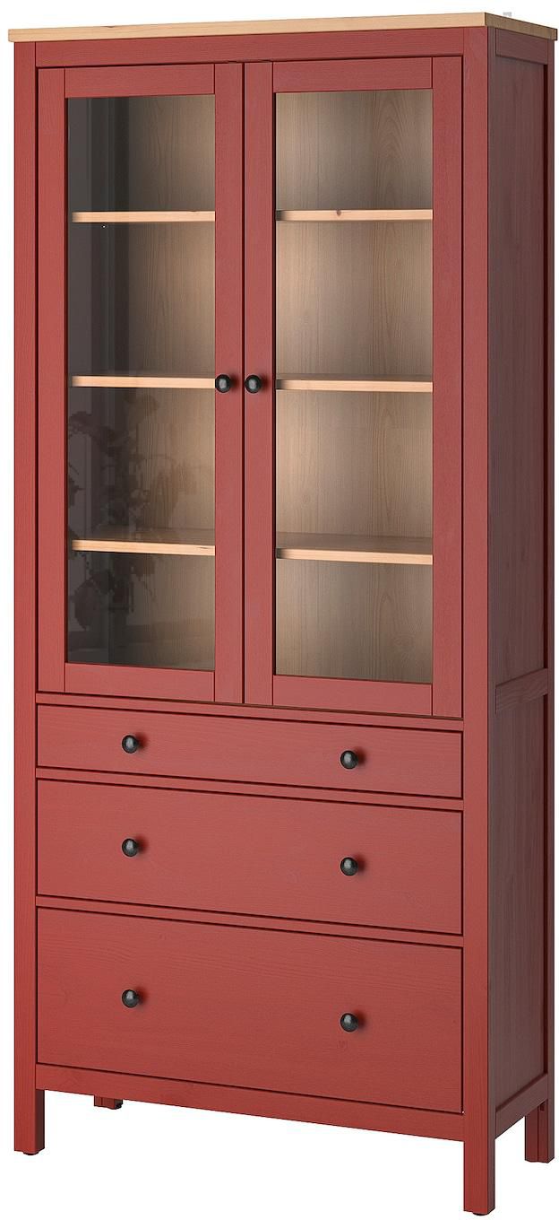 HEMNES Glass-door cabinet with 3 drawers - red stained/light brown stained 90x197 cm