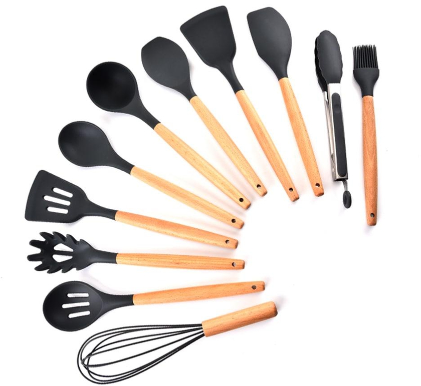 Generic-Silicone Kitchen Utensil Set 11 Pcs Beech Wooden Handle Heat-Resistant Non-Stick Spoon Spatula Ladle Cooking Tools