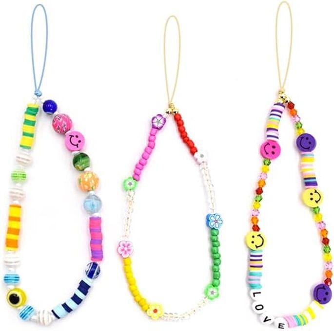 3 Pieces Cute Beaded Phone Lanyard,YESPUER Beaded Smiley Letter Clear Color Beaded Lanyard Handmade Bracelet Keychain For Women Girls Phone Accessory