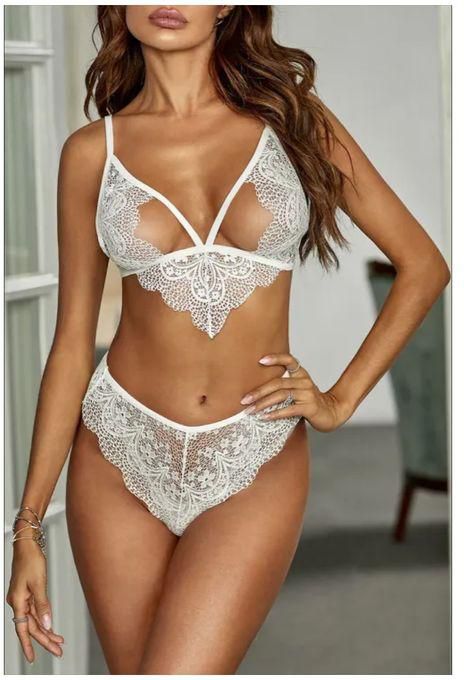 Mfed White Hollow Out Lace Bra Panty Lingerie Set