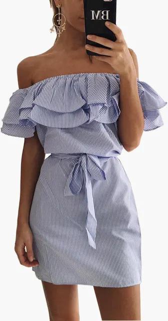 2021 High quality Off Shoulder Strapless Striped Ruffles Dress Women Summer Sundresses Short Mini Party Dresses