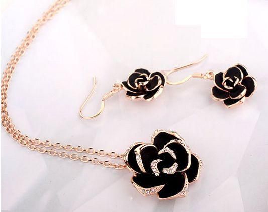 Gold Plated Crystal Rose Jewelry Set with Chain, Ring & Earrings