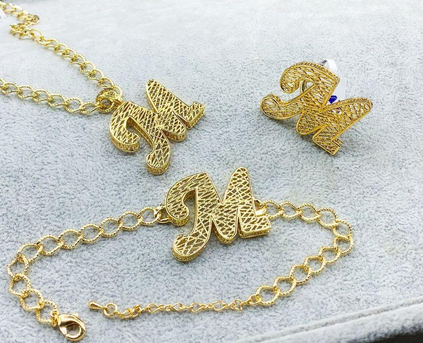 3Diamonds Jewelry Set Gold Plated Necklace,Ring And Braclate Letter M