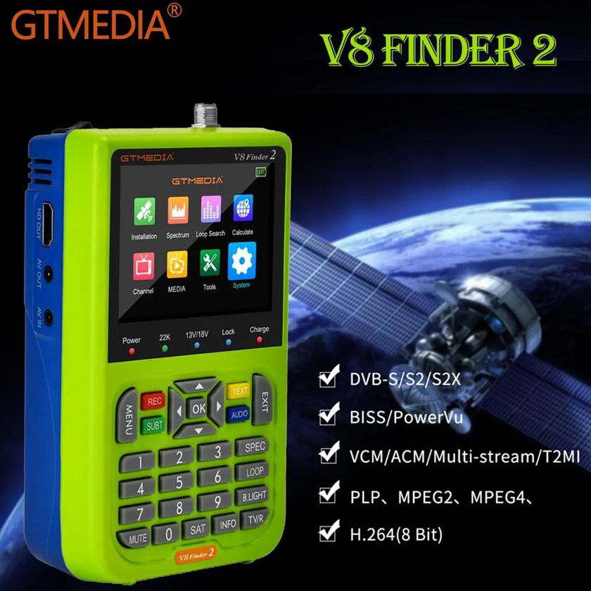 GTMEDIA V8 Finder2 Satellite Finder Digital Sat Finder DVB-S2X/S2/S 1080P Full HD Meter Satfinder Freesat 3.5 inch LCD Display V8 Finder 2 Satellite Signal Finder Meter Pro H.265 A