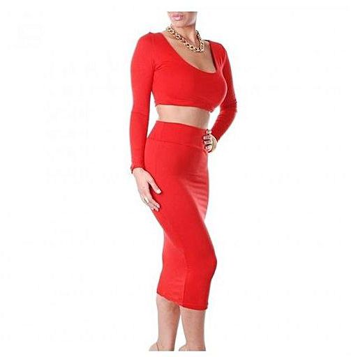 Sunweb Two Piece High Waist Bodycon Contrast Cropped Long Sleeve Midi Bandage Dress Red