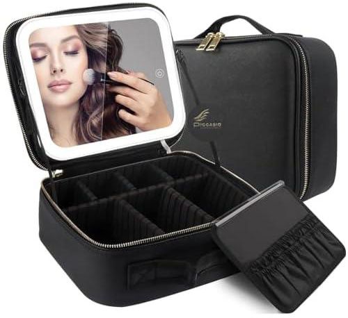 Travel Makeup Bag With Led Light, Recargeable & Magnifying Vanity mirror with 3 Adusjtable Brightness Mode, Waterproof Cosmatic Train Case with jewlery pouch, Ring box. (Led Makeup Bag)