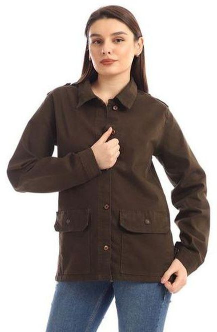 Andora Gabardine Buttoned Casual Jacket - Olive