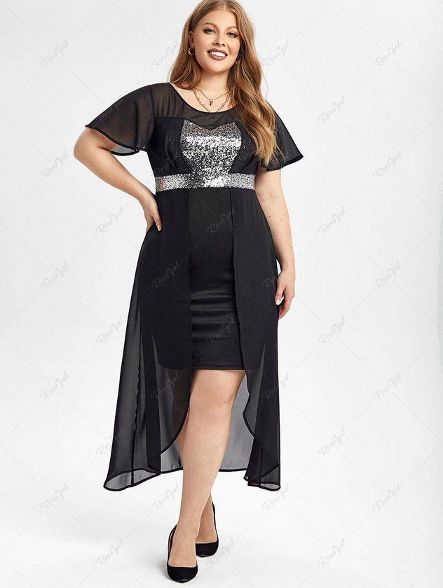Plus Size Sequins Mesh Panel Overlay Midi Bodycon Party Dress - L | Us 12