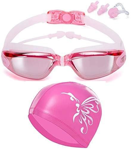 DELFINO Swim Goggles and Cap Set, Swimming Goggles No Leaking Anti Fog UV with Free Protection Case Nose Clip Ear Plugs for Adult Men Women Youth Kids Child Girls