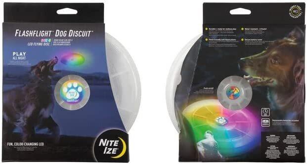 Niteize Flashflight LED Dog Discuit - Best Dog Flying Disc For All Hours Of Play - With Long-Lasting LED Light, 1-Pack Multi-Colored Disc-O (Ffdd-07-R8)