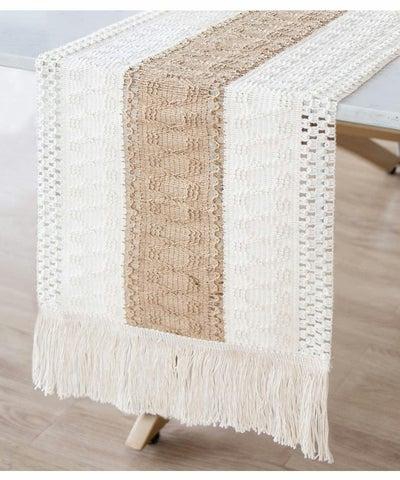 Natural Burlap Table Runner, Modern Farmhouse Decor Rustic Woven Cotton Crochet Lace