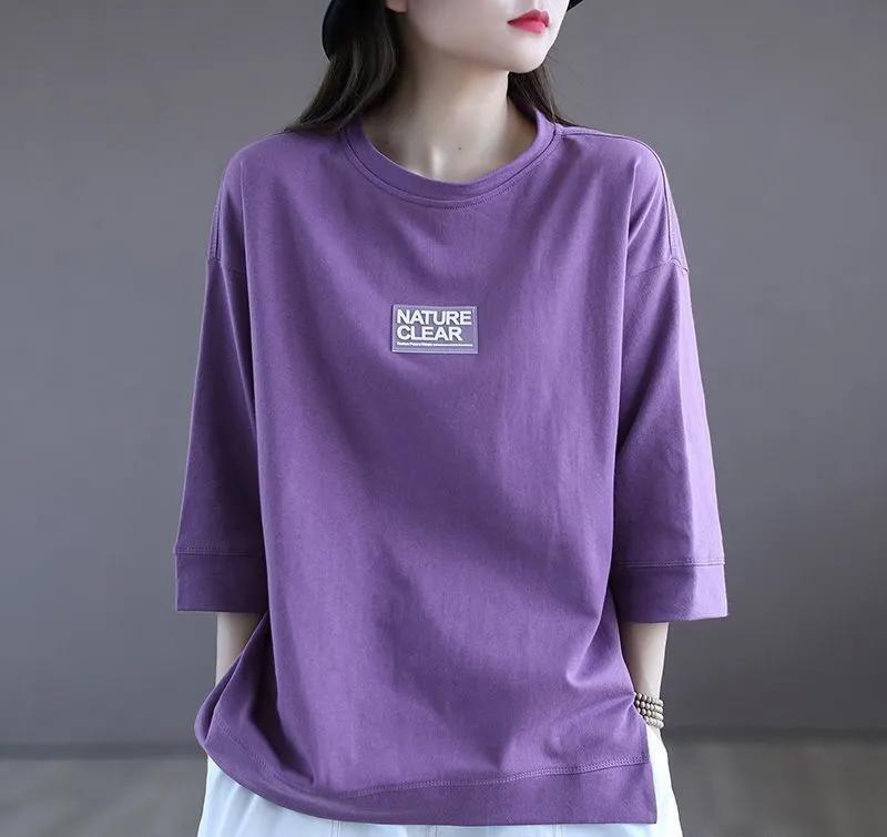 Spring and Summer Fashion Seven-point Sleeve Purple T-shirt Women's Short Sleeved Leggings Casual Loose Large Size Women's Top