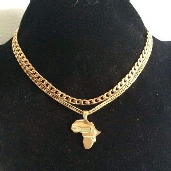 Map Of Africa Pendant With 2 Cuban Chains. Gold