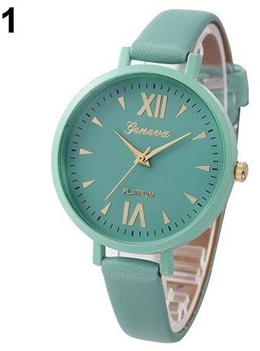 Bluelans Geneva Fashion Women Slim Faux Leather Roman Numerals Quartz Dress Wrist Watch-Mint Green