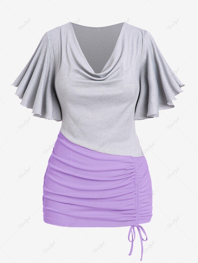 Plus Size Butterfly Sleeves Cinched Ribbed Two Tone Tee - 4x | Us 26-28