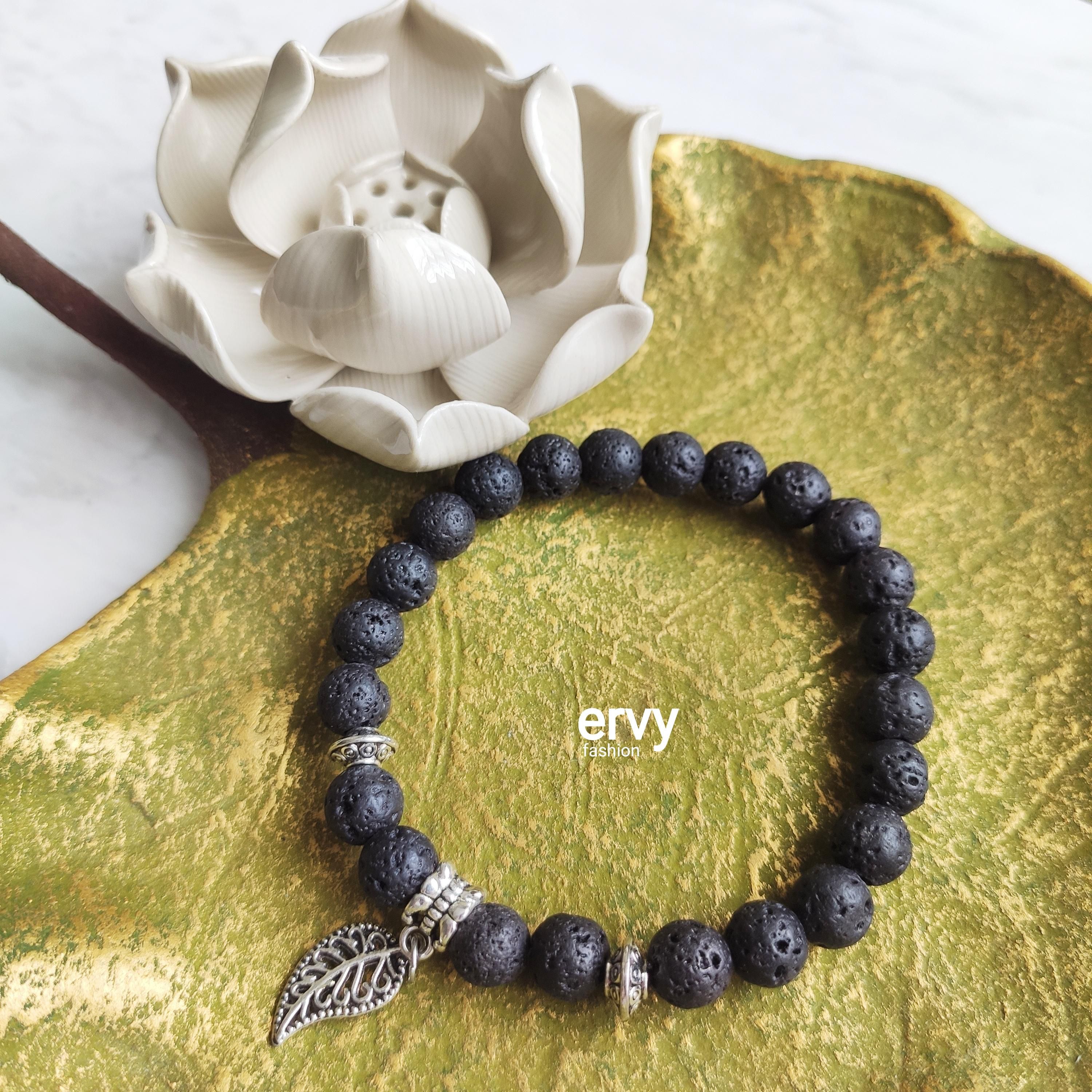 ERﹾ Bracelet Handcrafted Natural Lava Stone Diffuser Healing Beaded Design with Silver Plated Leaf Pendant