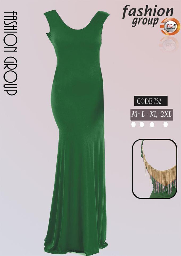 Fashion Group Long Evening Dress With Gold Chains Back - Green