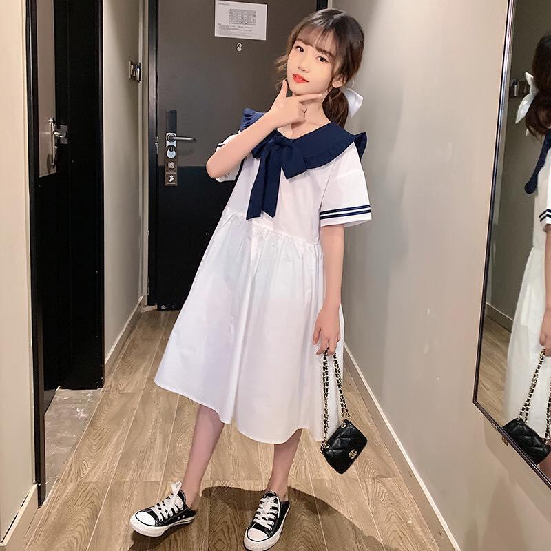 Girls Dress Korean Style White Dress Blue Collar - 6 Sizes (As Picture)