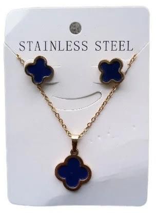 Clover Pendant Necklace With Stud Earring Jewelry Set - Navy Blue