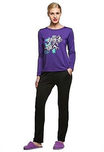 Sunweb Ekouaer Casual Thicken Pajama Set Print T-Shirt Tops + Solid Pants ( Purple )