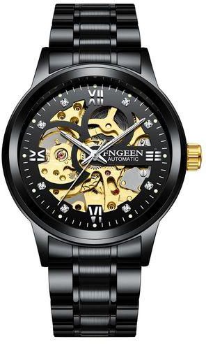Fashion FNGEEN 6018 Men Automatic Mechanical Watch Waterproof Luminous Diamond Double-Sided Hollow Watch(Black Steel Belt Black Surface)