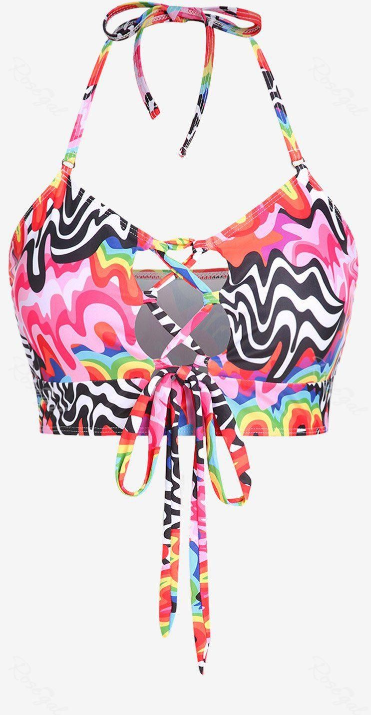 Plus Size Swirl Printed Lace-up Padded Halter Bikini Top Swimsuit - 5x