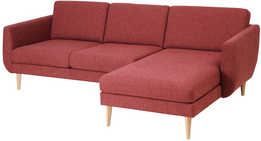 SMEDSTORP 3-seat sofa with chaise longue - Lejde/red/brown oak