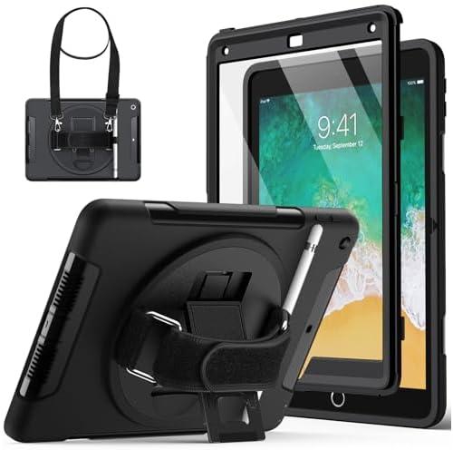 JETech Case for iPad 9.7-Inch (6th/5th Generation, 2018/2017 Model) with Built-in Screen Protector, Protective Shockproof Rugged Tablet Cover, 360° Rotating Hand Strap Stand (Black)