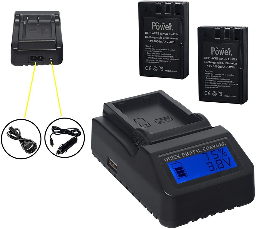 DMK Power 2 Pack of DMK EN-EL9, EN-EL9A Batteries and LCD Quick Rapid TC-1000F Charger for Nikon D5000, D3000, D60, D40X, D40 Digital SLR Camera