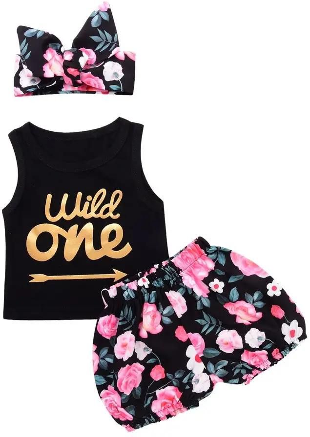 3pcs Girls Letter & Floral Printed Sleeveless Romper & Pants & Hat Outfits Set