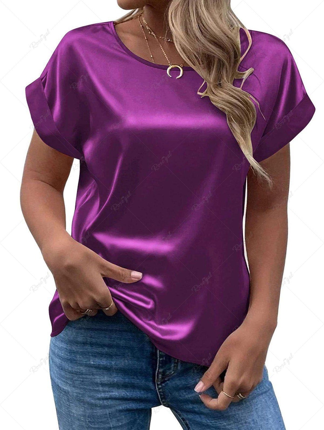 Plus Size Roll Up Sleeves Silky Solid Short Sleeves T-shirt - 2xl