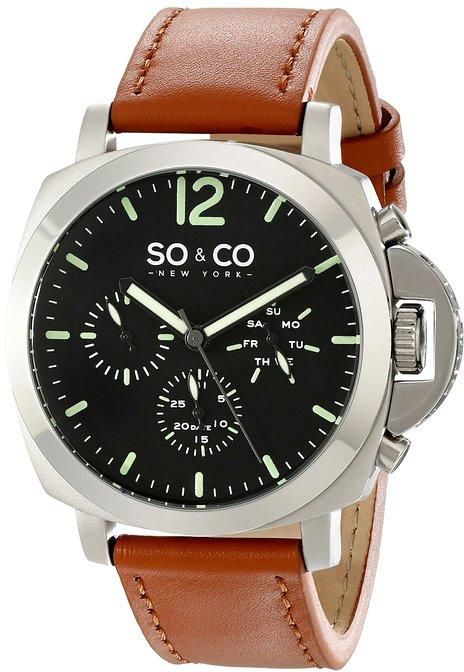 SO&CO New York Men's 5022.3 SoHo Day and Date Watch with Brown Leather Band
