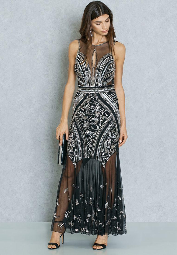 Embellished Pleated Maxi Dress