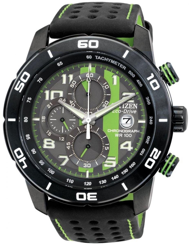 Citizen Eco-Drive Primo Gray Green Dial Black Perforated Leather Chronograph for Men CA0467-20H