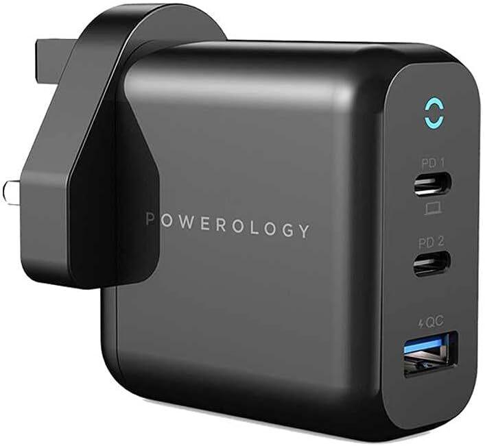 Powerology Wall Charger UK, 65W 3-Output With PD UK Gan Wall Charger With USB-A Fast Charging Compatible With Macbook Pro/Air, iPhone 14 Pro Max, 14 Pro, Samsung Galaxy, Black (P65PdwUKbk)