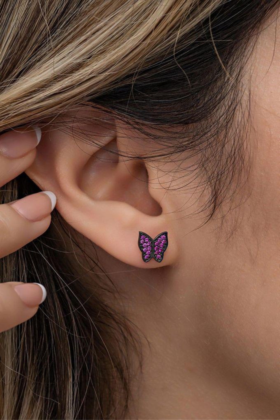 Artsy Purple Stone Butterfly Earrings-Silver