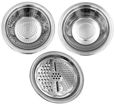 3 In 1 Multipurpose Stainless Steel Basin With Grater Salad Maker Bowl Kitchen Grater Cheese Grater With Drain Basket Vegetable Cutter For Vegetables Fruits Cheese Chocolate Silver