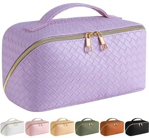 Large Capacity Travel Cosmetic Bag - Makeup Bag, PU Leather Waterproof Cosmetic Bag, Women Portable Travel Makeup Bag With Handle and Divider Flat Lay Makeup Organizer Bag (purple)